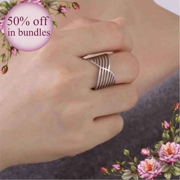 Stainless Steel Geometric Wire Pattern Open Ring - Picture 1 of 10